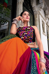 Multicolor Patchwork Rayon Navratri Lehenga Choli with Mirror Work Blouse