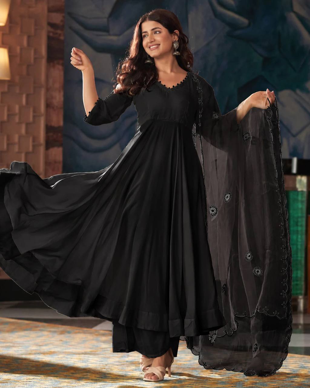 Classic Black Georgette Anarkali Suit Set with Real Mirror Work Dupatta