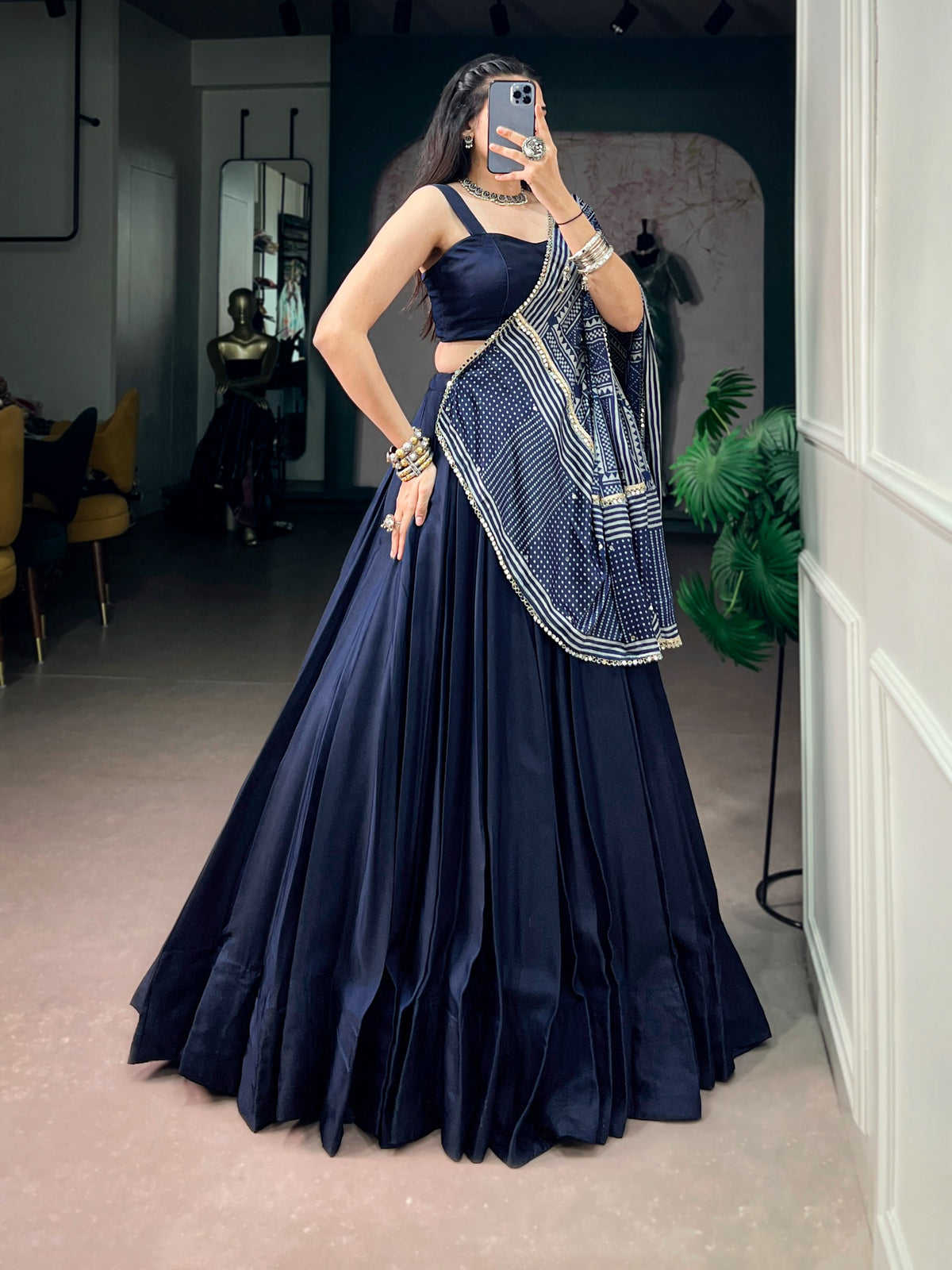 Moonga Silk Printed Lehenga with Satin Dupatta & Mirror Lace – 4 Color Collection