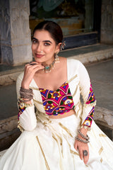Ivory White Rayon Navratri Lehenga Choli with Mirror Gamthi Work