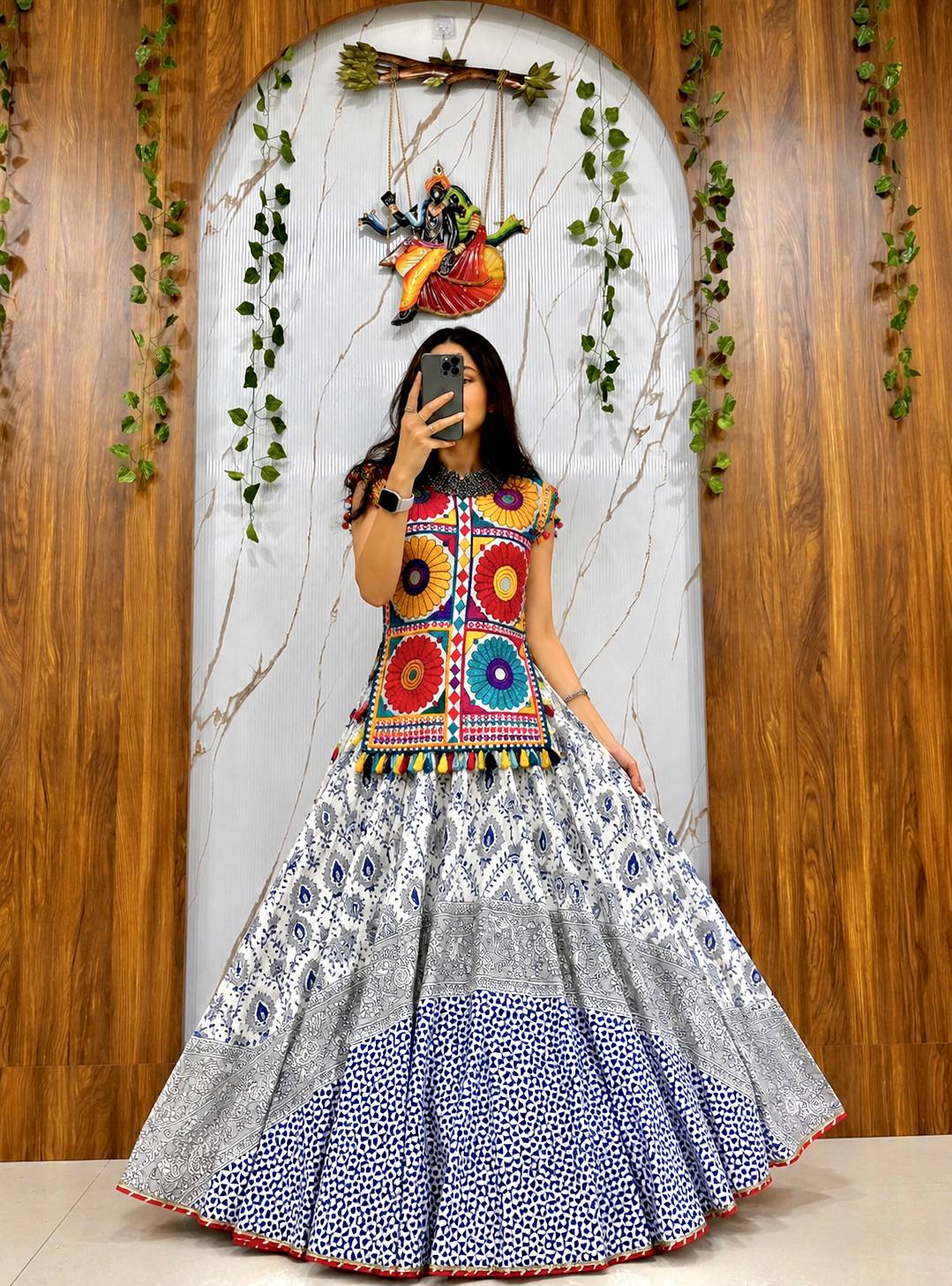 White & Blue Muslin Cotton Navratri Chaniya Choli Set with Gamthi Embroidery & Mirror Work | Designer Garba Lehenga for Women