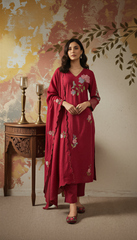 Olive Green & Maroon Chanderi Silk Embroidered Kurta Pant Set with Embroidered Chanderi Dupatta