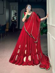 Navratri Special Bandhej Print Satin Chiffon Lehenga Choli with Dola Silk Hotfix Blouse & Dupatta