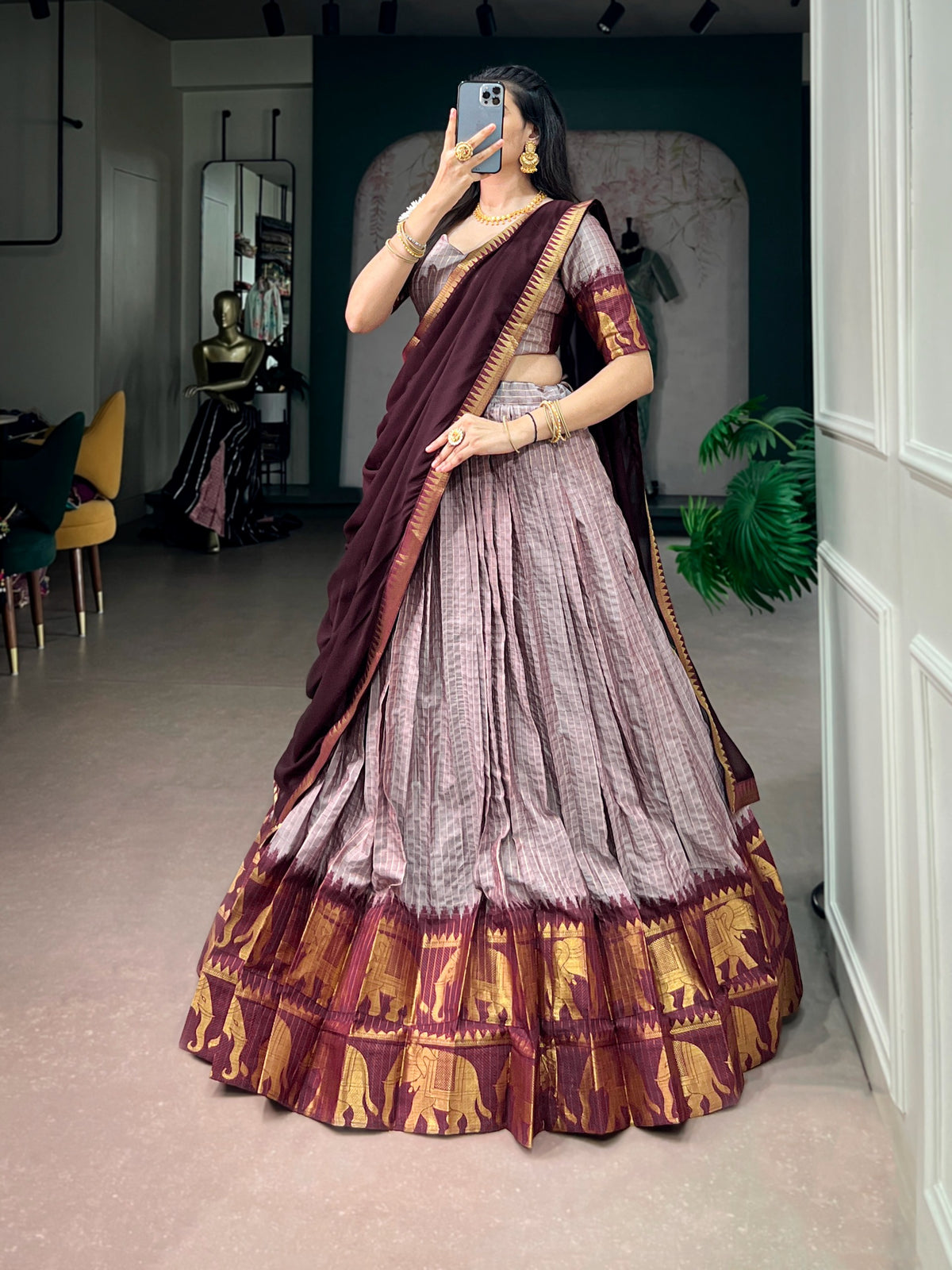 Poly Cotton Chex Lehenga Choli with Georgette Dupatta | Zari Weaving Traditional Designer Lehenga Set for Women
