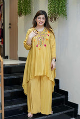 Yellow & Blush Pink French Crepe Embroidered Kurta Palazzo Set