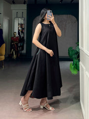 Women's Premium Black Khadi Cotton A-Line Midi Dress with Pocket | Casual & Everyday Wear