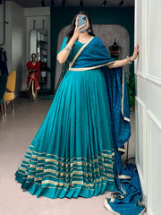 Teal Blue Chanderi Navratri Lehenga Choli Set with Mirror Work & Zari Butti Dupatta