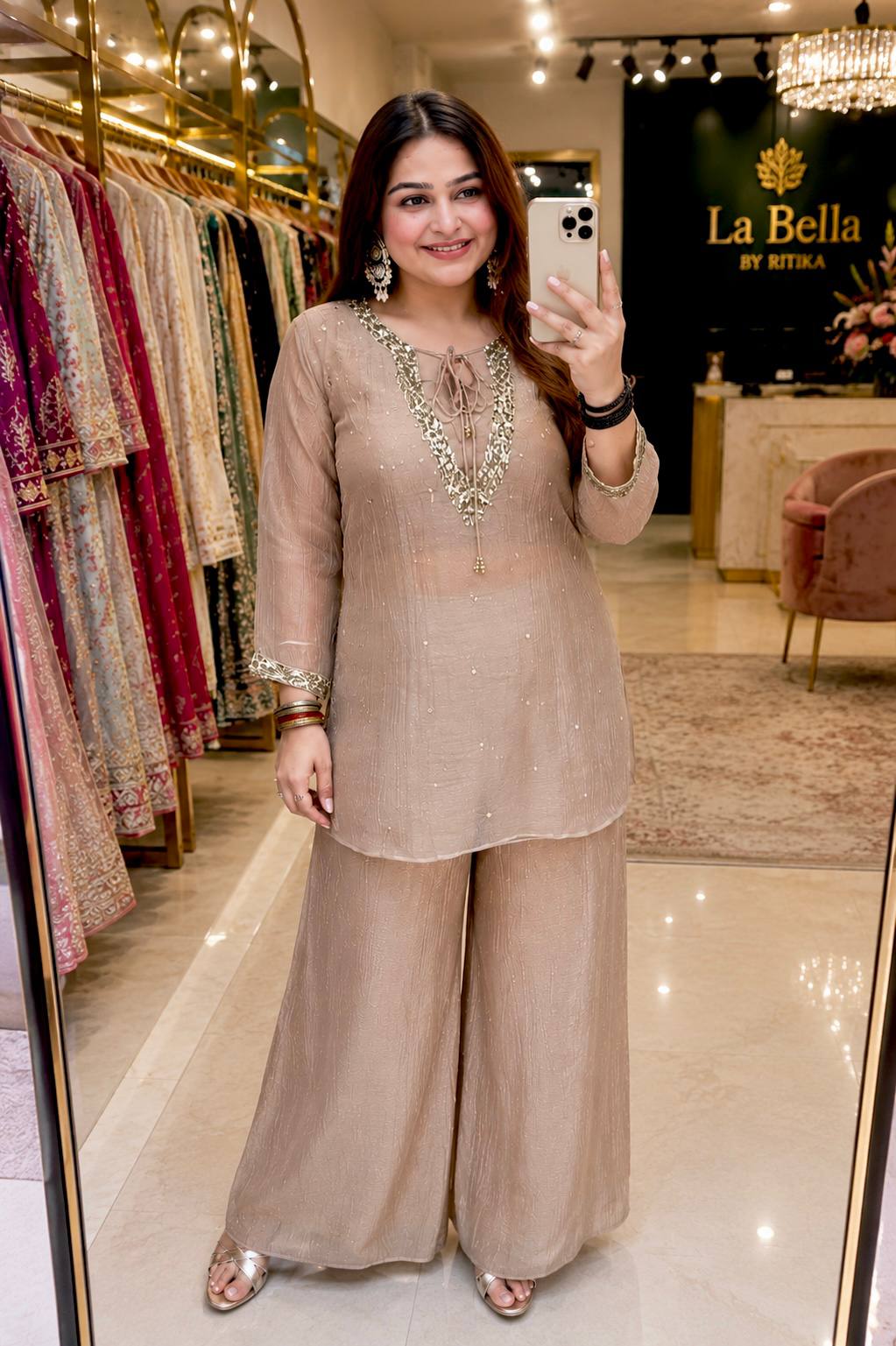 Women’s Premium Crunchy Silk Embroidered Kurti Plazzo Set with Matching Blouse.