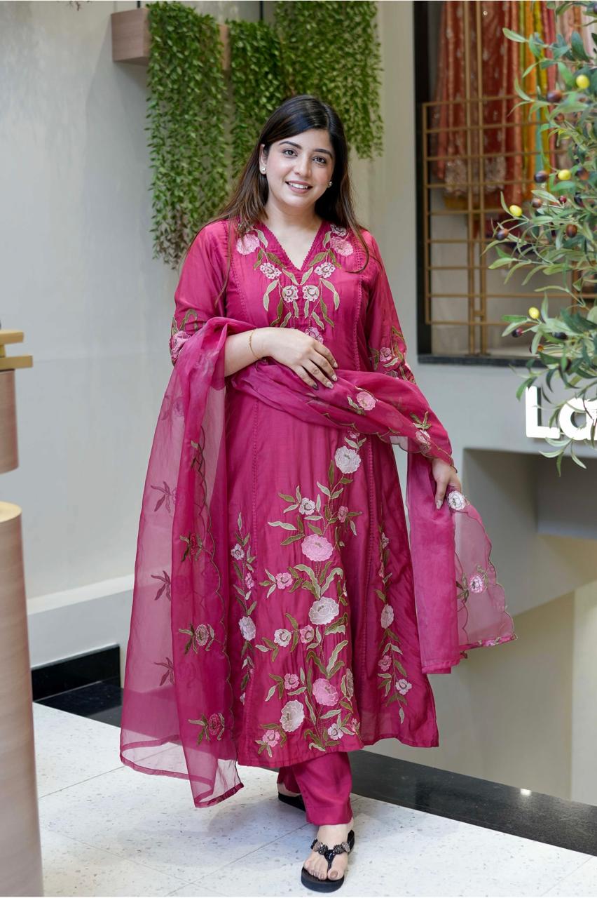 Rani Pink Premium BSY Chanderi Silk Embroidered Kurta Pant Set with Organza Dupatta