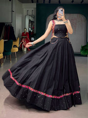 Classic Black Pure Cotton Navratri Lehenga Choli with Mirror Work & Kutchi Lace