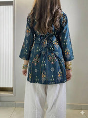 Teal Blue Maslin Cotton Printed Kurti with Embroidered Farshi Plazzo Co-Ord Set for Women