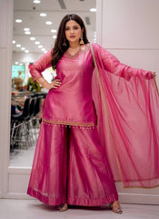 Rani Pink Fandy Silk Kurti Plazzo Set with Dupatta | Designer Embroidered Festive Suit for Women