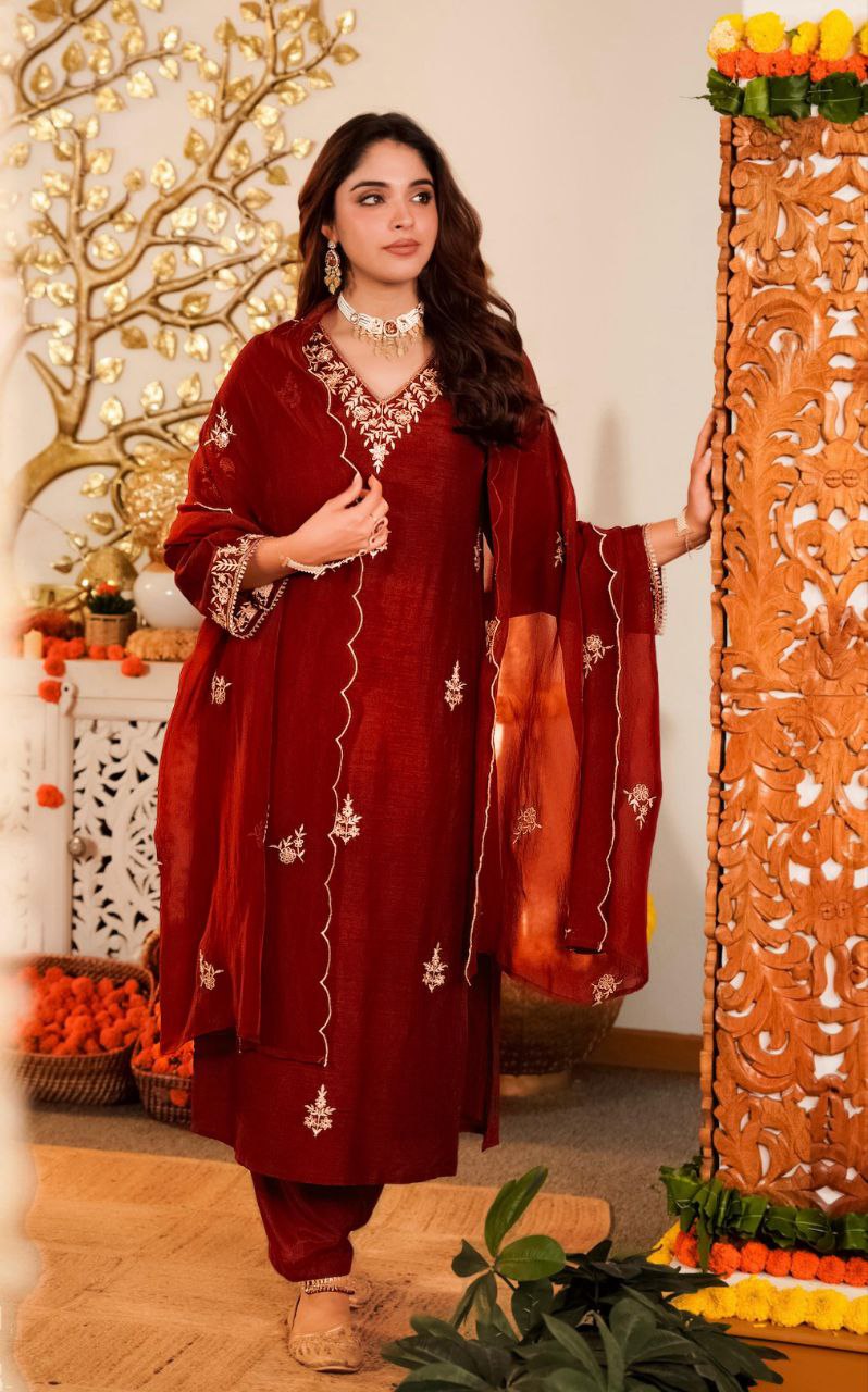 Premium Vichhitra Silk Embroidered Suit Set with Embroidered Vichhitra Silk Dupatta | Designer Ethnic Wear for Women