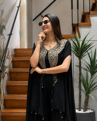 Rooprangi Women's Premium Star Georgette Indo-Western Jacket Palazzo Set | Black