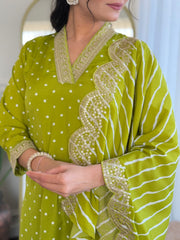 Red & Lime Green Viscose Bandhani Print Embroidered Kurta Pant Set with Muslin Dupatta
