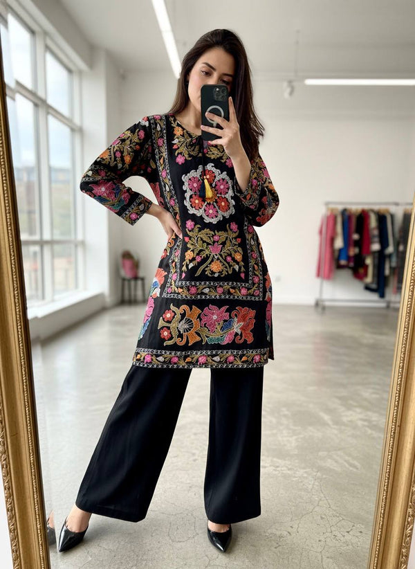 Black Magic Cotton Embroidered Co-Ord Set with Crepe Plazzo | Designer Ethnic Kurti Set for Women