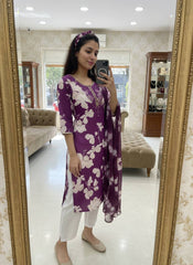 Purple Magic Cotton Embroidered Kurti Pant Set with Digital Print Dupatta