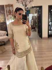 Women's Premium Chinon Embroidered Kurta Palazzo Set with Organza Dupatta | Off White Party Wear Suit