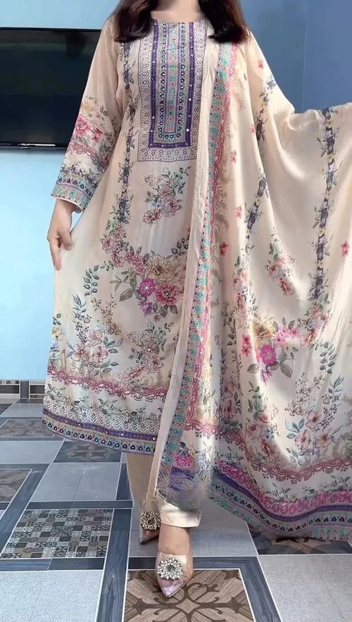 Premium Lilac Pure Silk Digital Printed Handwork Suit Set with Dupatta