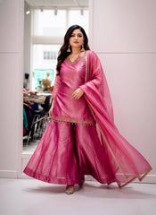 Rani Pink Fandy Silk Kurti Plazzo Set with Dupatta | Designer Embroidered Festive Suit for Women