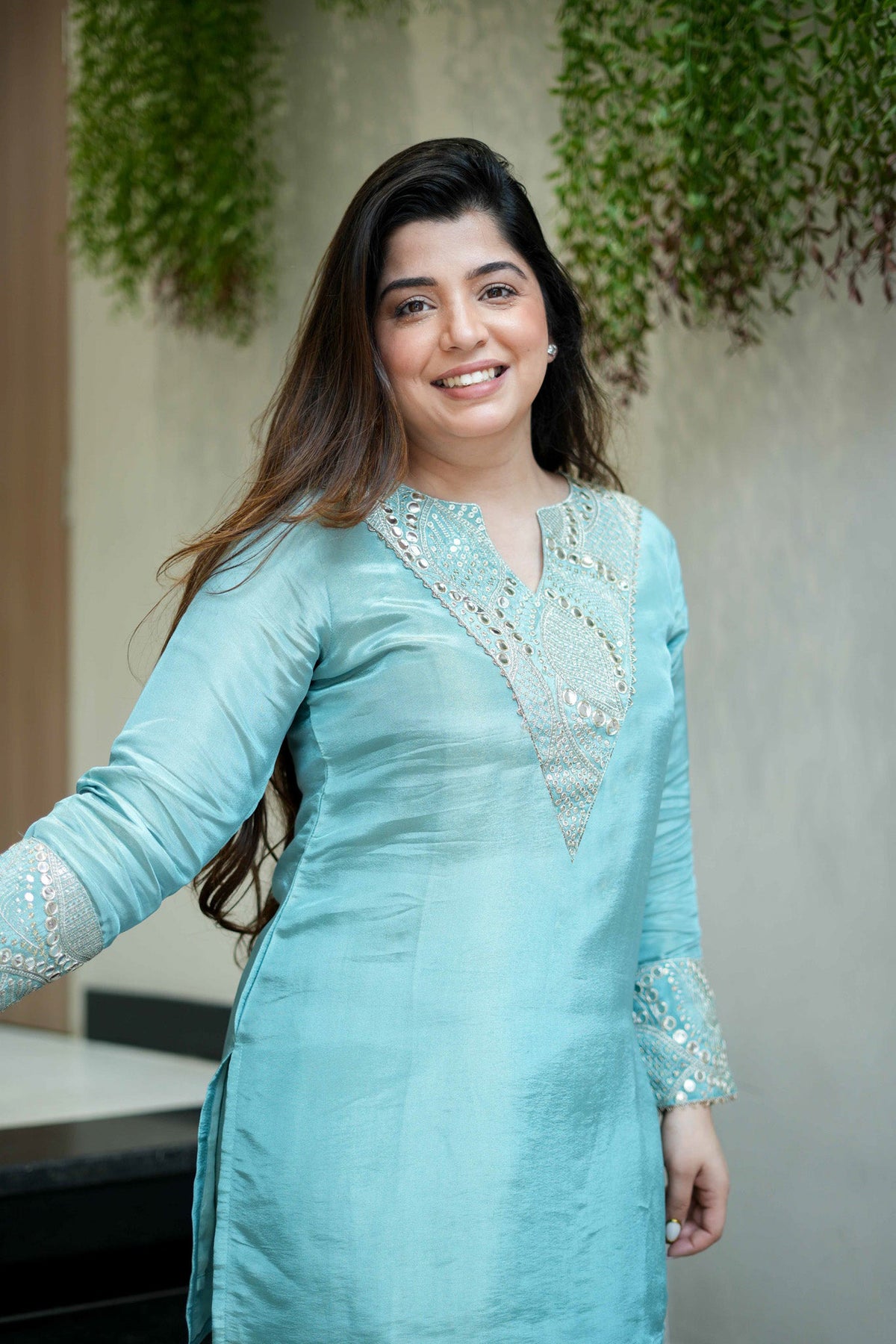 Blush Pink & Aqua Blue Premium Simmar Silk Mirror & Sequence Embroidered Kurta Palazzo Set