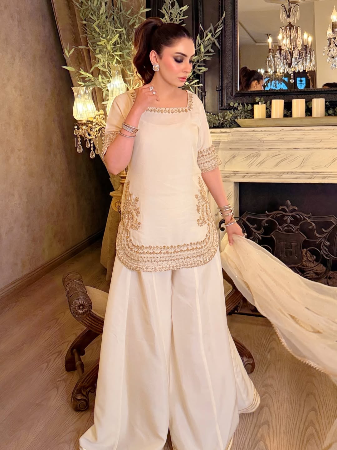 Women's Premium Chinon Embroidered Kurta Palazzo Set with Organza Dupatta | Off White Party Wear Suit