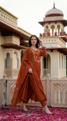 Royal Purple & Rust Orange Chanderi Silk Embroidered Anarkali Kurta Pant Set with Embroidered Organza Dupatta