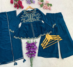 Premium Crunchy Silk Embroidered Peplum Palazzo Suit Set with Matching Crunchy Silk Dupatta | Designer Ethnic Wear for Women