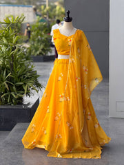 Mustard Yellow Jimmy Organza Silk Digital Printed Lehenga Set with Matching Dupatta