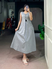 Rooprangi Women's Khadi Cotton A-Line Midi Dress with Wooden Button Detailing