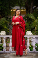 Rooprangi Women's Premium Chanderi Silk Embroidered Kurta Pant Set with Organza Dupatta | Olive Green & Ruby Red