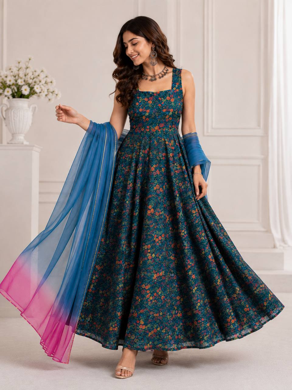 RoopRangi Designer Jimmy Organza Silk Anarkali Gown with Printed Organza Dupatta