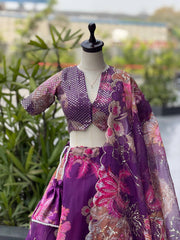 Purple Organza Digital Printed Lehenga Set with Sequins Blouse & Designer Batwa