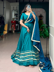 Teal Blue Chanderi Navratri Lehenga Choli Set with Mirror Work & Zari Butti Dupatta