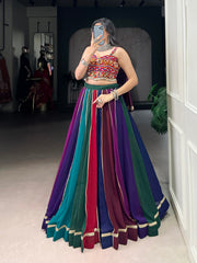 Multicolor Pure Cotton Navratri Lehenga Choli with Mirror Work & Kutchi Lace