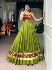 Olive Green Cotton Navratri Lehenga Choli with Zari Weaving & Cowrie Lace Blouse