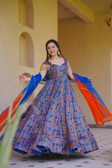 Rooprangi Women's Premium Royal Blue Jimmy Organza Silk Digital Printed Anarkali Gown with Organza Dupatta | Festive & Wedding Wear