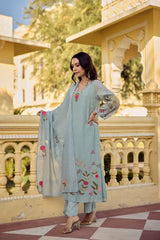 Blush Pink & Powder Blue Chanderi Silk Embroidered Kurta Pant Set with Embroidered Chanderi Dupatta