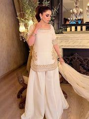 Women's Premium Chinon Embroidered Kurta Palazzo Set with Organza Dupatta | Off White Party Wear Suit