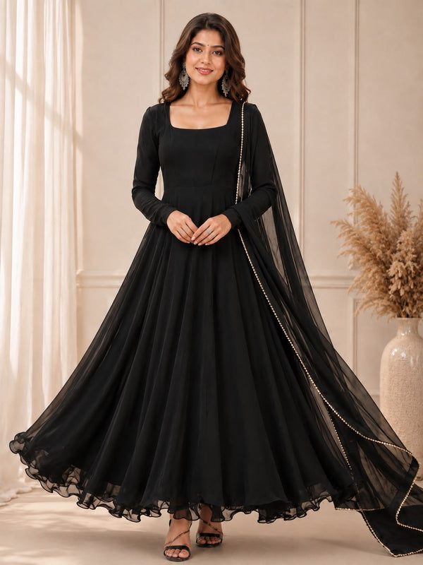 Solid Georgette Anarkali Gown Set with Lace Border Dupatta | Designer Party Wear & Festive Wear Gown for Women