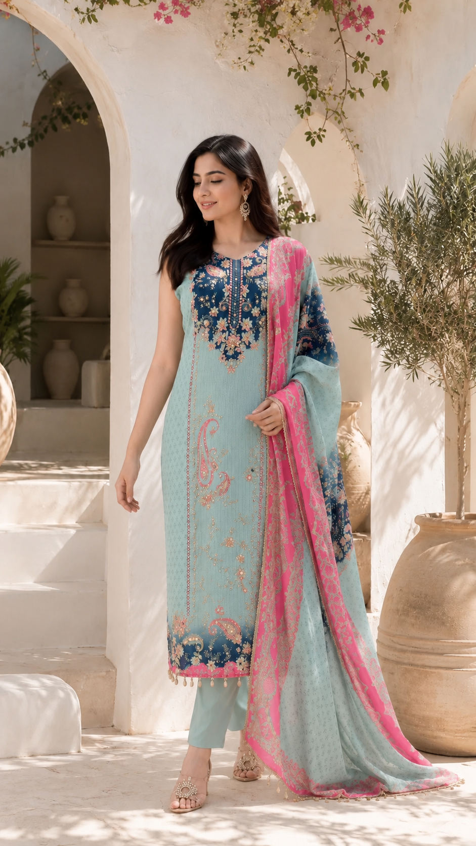 Women's Mint Green Floral Printed Straight Berry Silk Kurta Set with Contrast Pink Dupatta