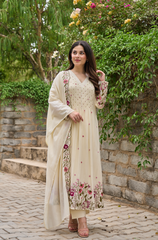 Pink & Ivory Chanderi Silk Embroidered Anarkali Kurta Pant Set with Chanderi Dupatta