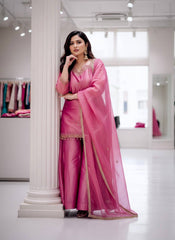 Rani Pink Fandy Silk Kurti Plazzo Set with Dupatta | Designer Embroidered Festive Suit for Women