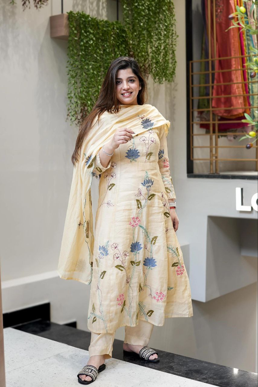 Premium Chanderi Cotton Embroidered Suit Set