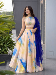 Pastel Digital Print Jimmy Organza Lehenga Choli Set with Stone Work & Georgette Dupatta