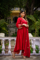 Olive Green & Ruby Red Chanderi Silk Embroidered Anarkali Kurta Pant Set with Organza Dupatta