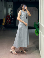Rooprangi Women's Khadi Cotton A-Line Midi Dress with Wooden Button Detailing