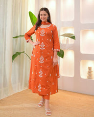 Elegant Embroidered Rayon Slub Suit Set with Chanderi Dupatta