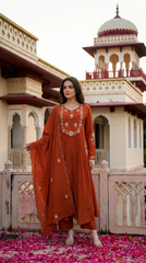 Royal Purple & Rust Orange Chanderi Silk Embroidered Anarkali Kurta Pant Set with Embroidered Organza Dupatta