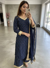 Navy Blue Georgette Printed Kurti Plazzo Set with Dupatta | Designer Festive Ethnic Wear for Women